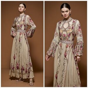 NIRRAAMYAA Beige Floral Kaftan Maxi Dress Boho Embroidered Size S